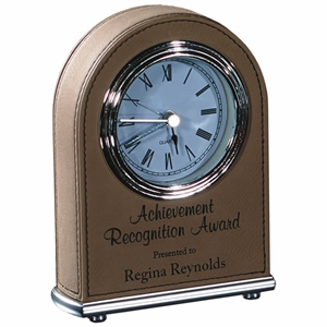 5 1/2" Light Brown Laserable Leatherette Arch Desk Clock 