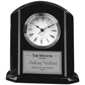 7 1/4" Arched Black Piano Clock w/ Silver Accents 