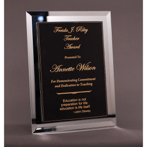 Mirror Plaque With Black And Gold Lasered Leatherette Plate 