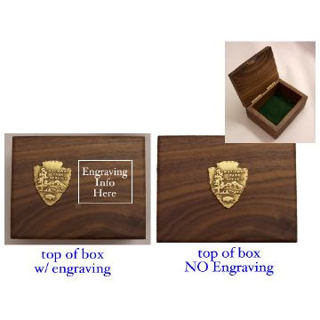 National Park Walnut Box National park gift box, walnut box. National park arrowhead logo, national park arrowhead emblem, brass national park arrowhead emblem, national park logo