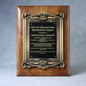 Solid Black Walnut Plaque With Cast Antique Gold Metal Scroll Frame 